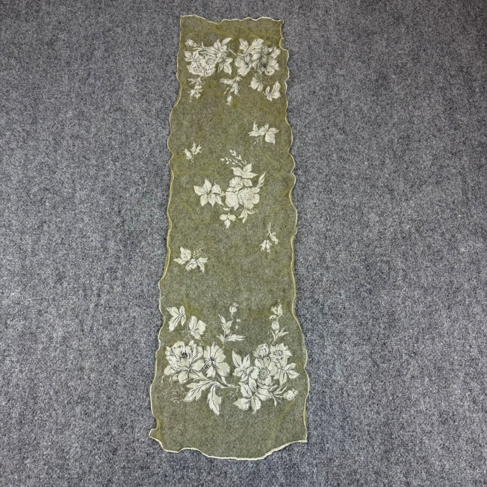 Vintage Sheer Mesh Floral Embroidered Scarf Olive Green Scalloped Edge 36x12